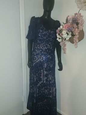 Alex Evenings Navy Blue Sequin Floral Maxi Dress